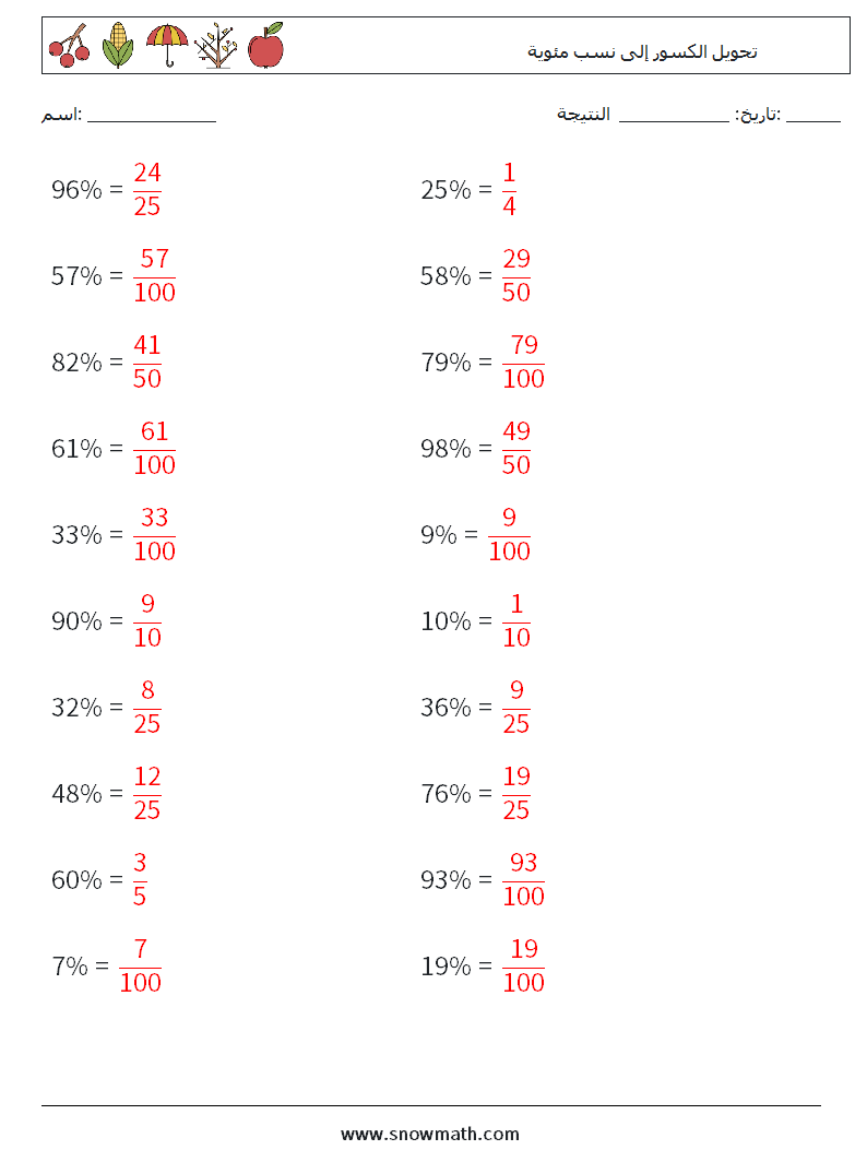 تحويل الكسور إلى نسب مئوية أوراق عمل الرياضيات 5 سؤال وجواب