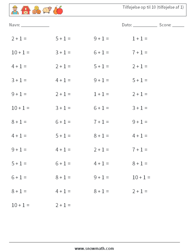 (50) Tilføjelse op til 10 (tilføjelse af 1) Matematiske regneark 1