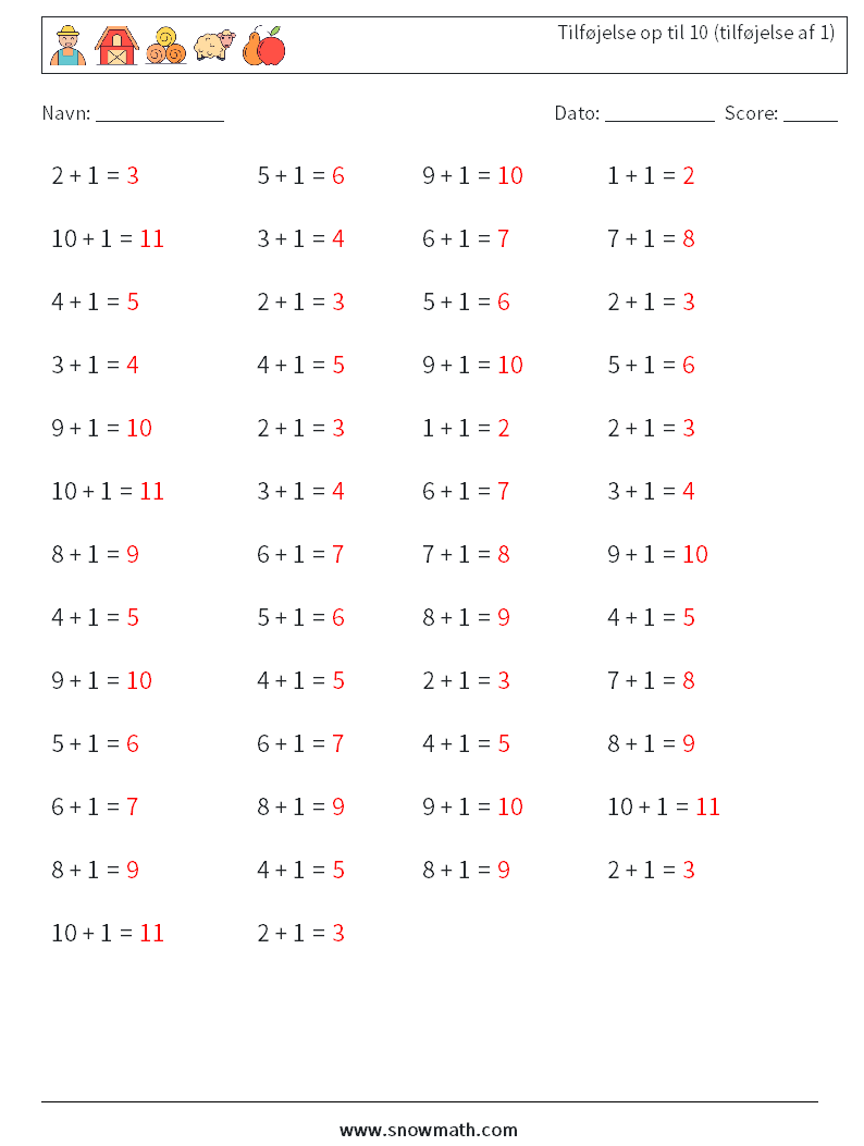 (50) Tilføjelse op til 10 (tilføjelse af 1) Matematiske regneark 1 Spørgsmål, svar
