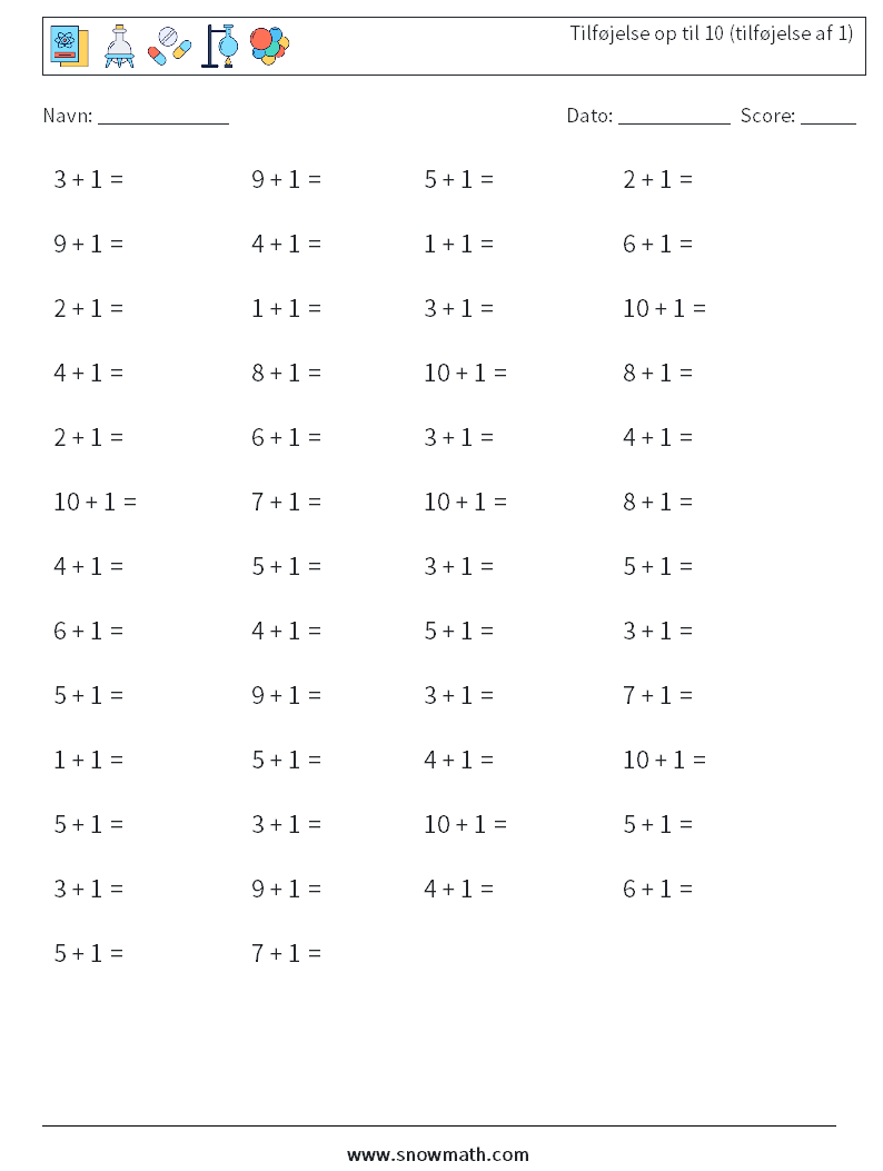 (50) Tilføjelse op til 10 (tilføjelse af 1) Matematiske regneark 2