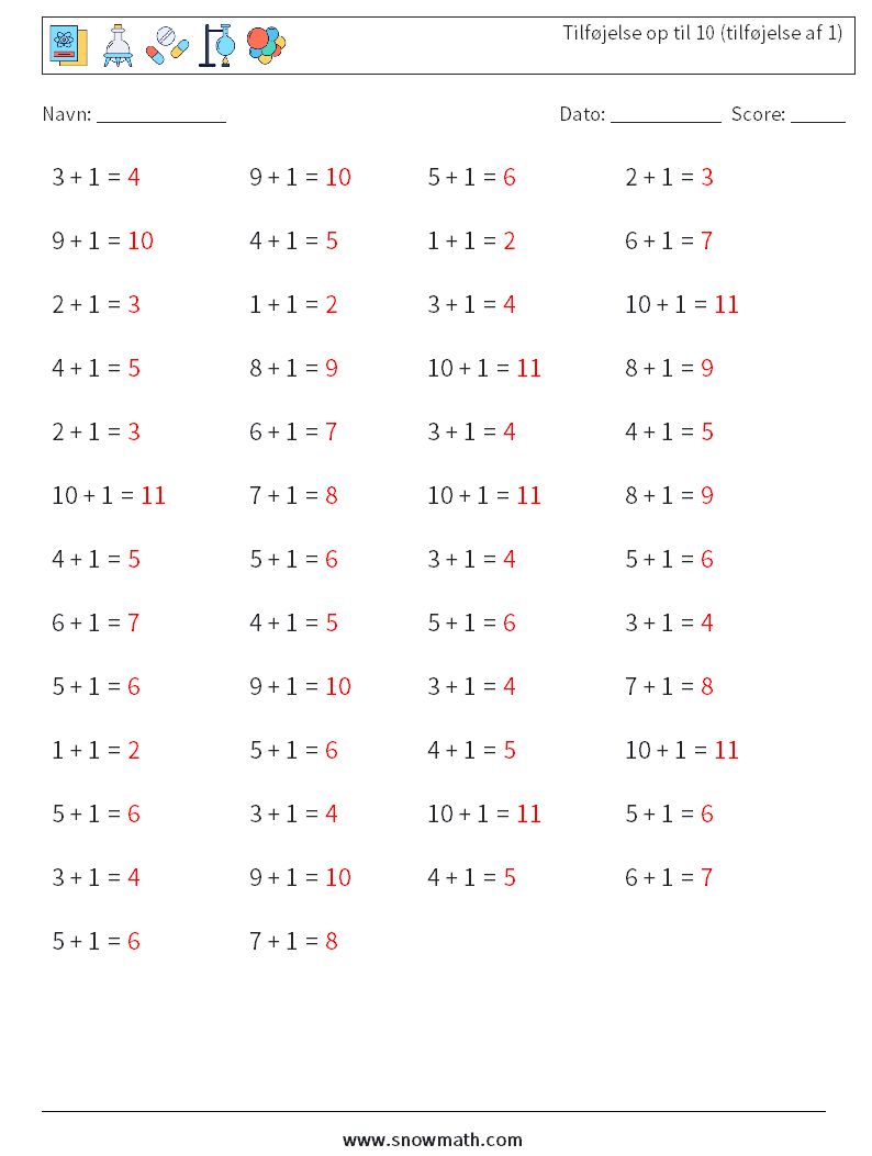 (50) Tilføjelse op til 10 (tilføjelse af 1) Matematiske regneark 2 Spørgsmål, svar