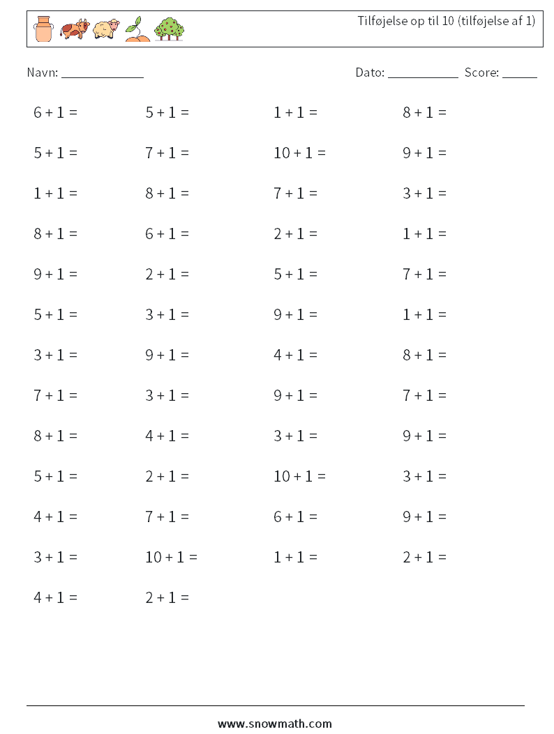 (50) Tilføjelse op til 10 (tilføjelse af 1) Matematiske regneark 3