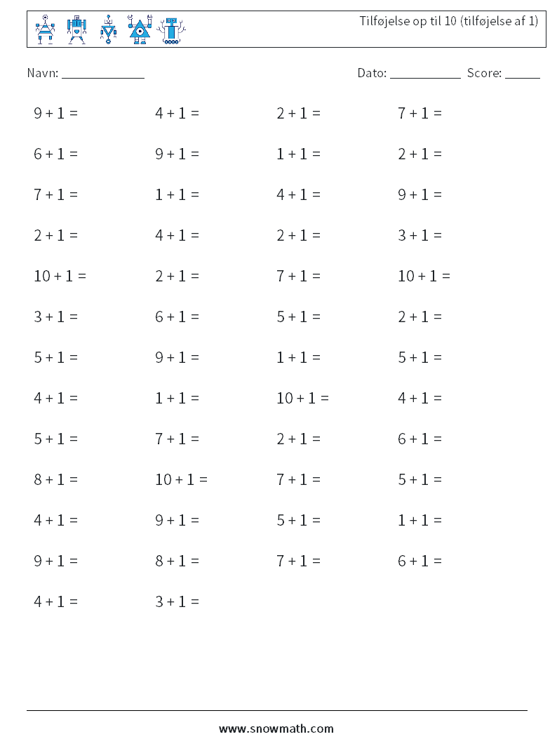 (50) Tilføjelse op til 10 (tilføjelse af 1) Matematiske regneark 4