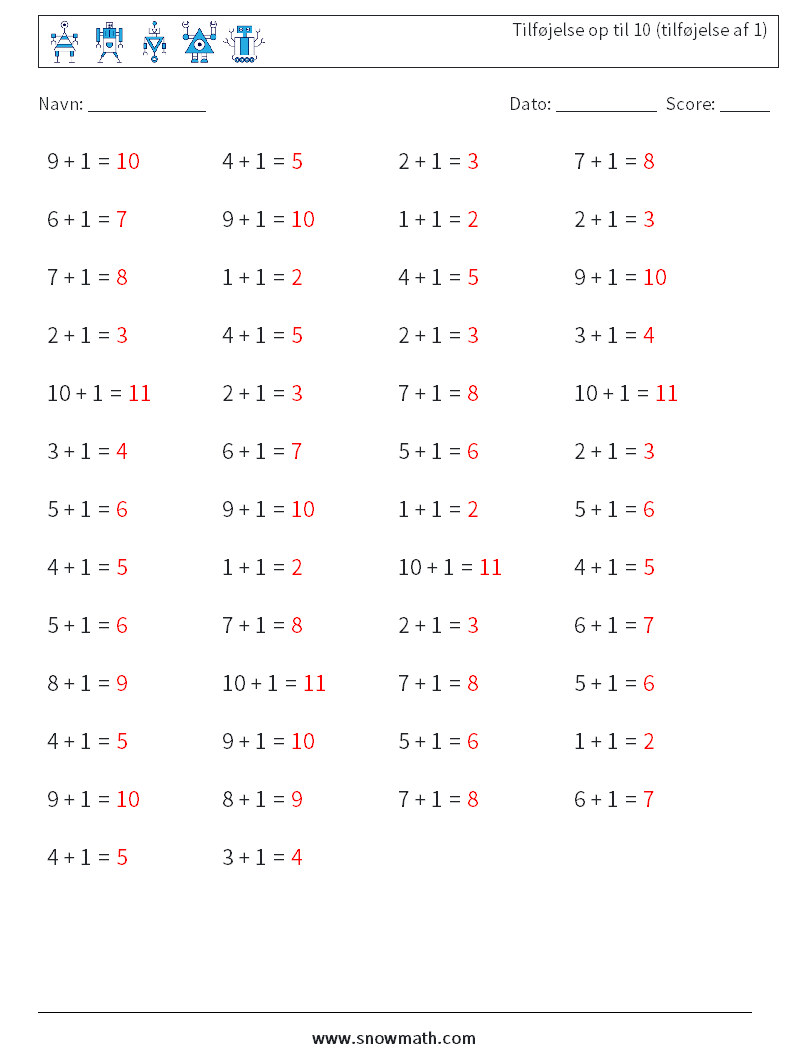 (50) Tilføjelse op til 10 (tilføjelse af 1) Matematiske regneark 4 Spørgsmål, svar