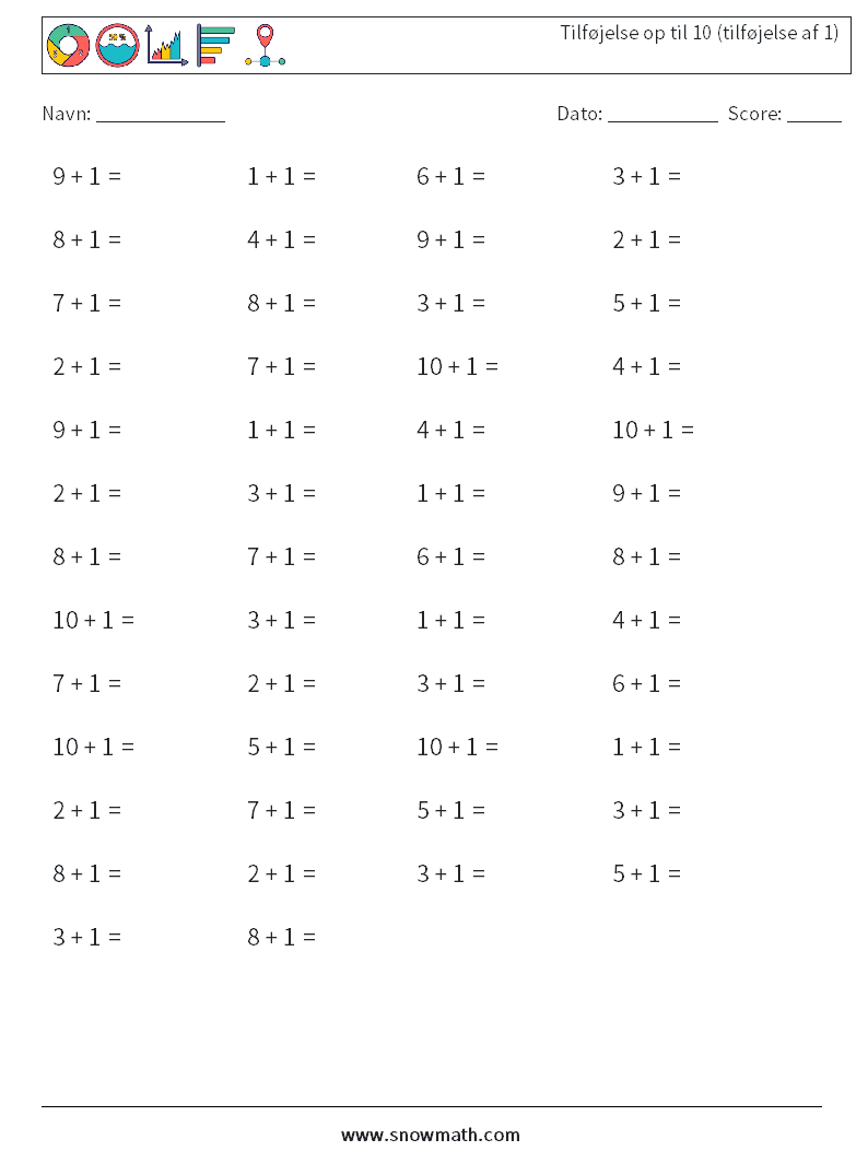 (50) Tilføjelse op til 10 (tilføjelse af 1) Matematiske regneark 5