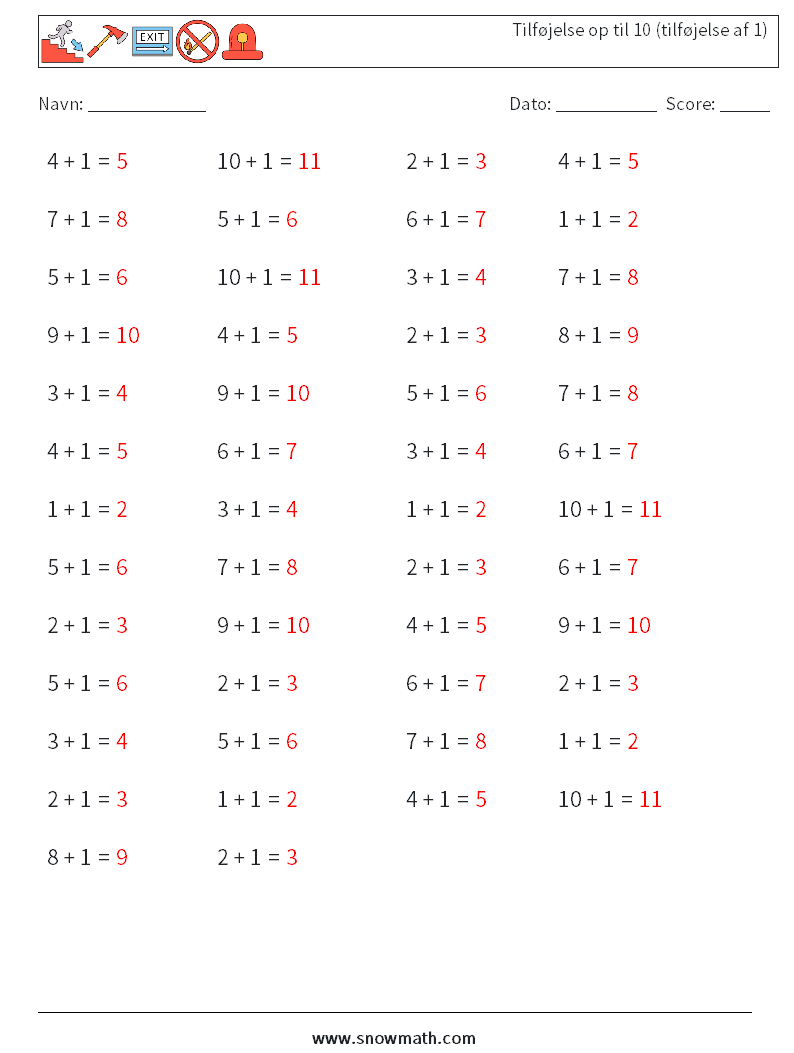 (50) Tilføjelse op til 10 (tilføjelse af 1) Matematiske regneark 6 Spørgsmål, svar