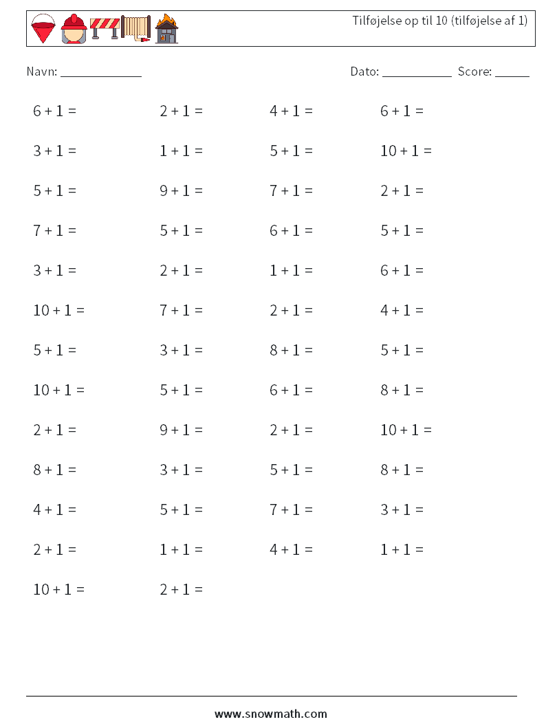 (50) Tilføjelse op til 10 (tilføjelse af 1) Matematiske regneark 7