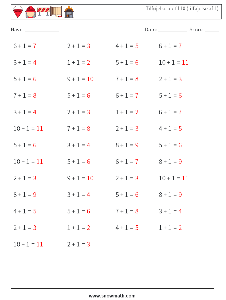 (50) Tilføjelse op til 10 (tilføjelse af 1) Matematiske regneark 7 Spørgsmål, svar