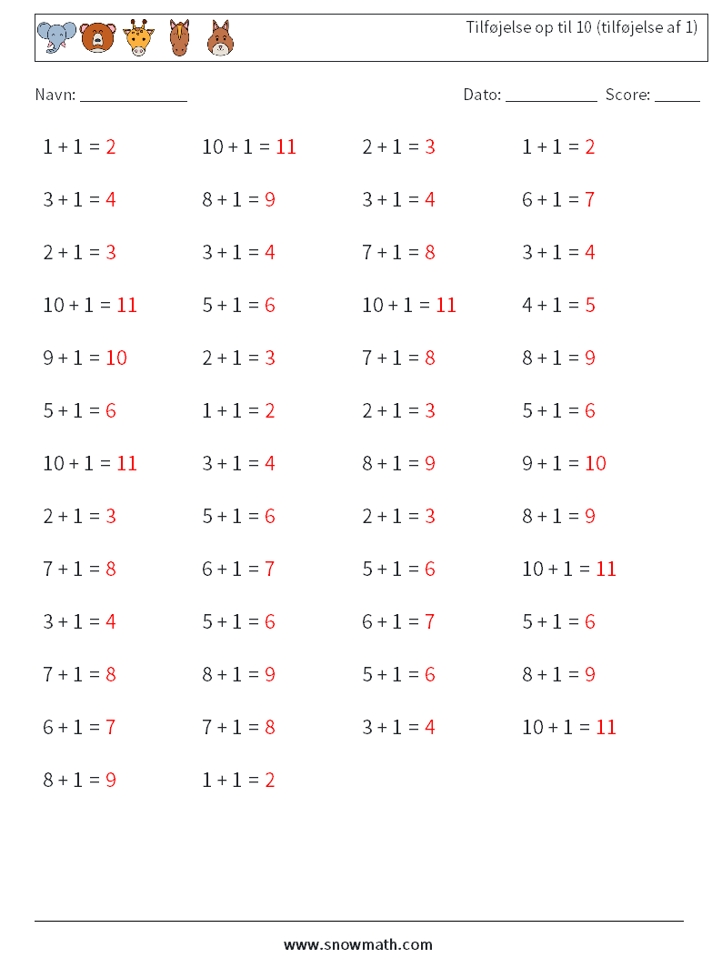 (50) Tilføjelse op til 10 (tilføjelse af 1) Matematiske regneark 8 Spørgsmål, svar
