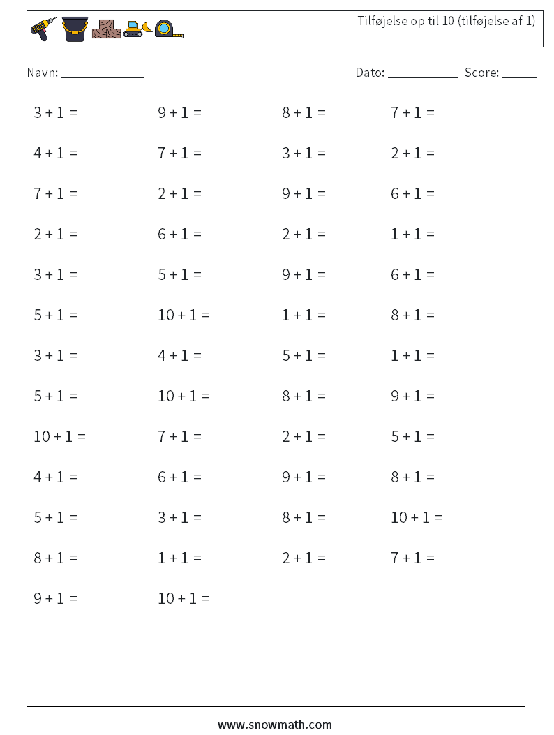 (50) Tilføjelse op til 10 (tilføjelse af 1) Matematiske regneark 9