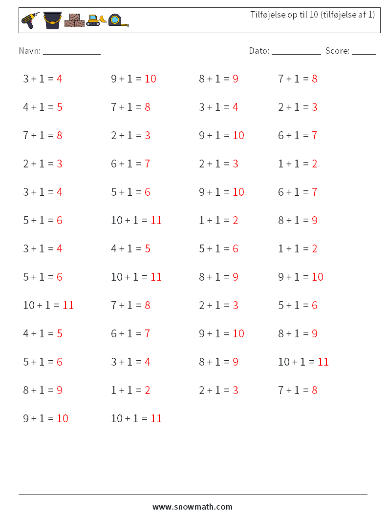 (50) Tilføjelse op til 10 (tilføjelse af 1) Matematiske regneark 9 Spørgsmål, svar