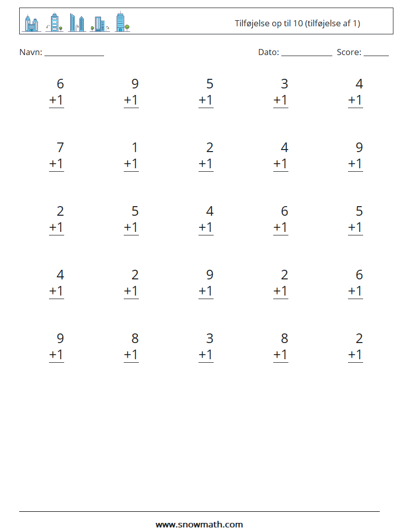 (25) Tilføjelse op til 10 (tilføjelse af 1) Matematiske regneark 1