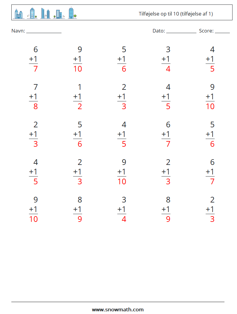 (25) Tilføjelse op til 10 (tilføjelse af 1) Matematiske regneark 1 Spørgsmål, svar