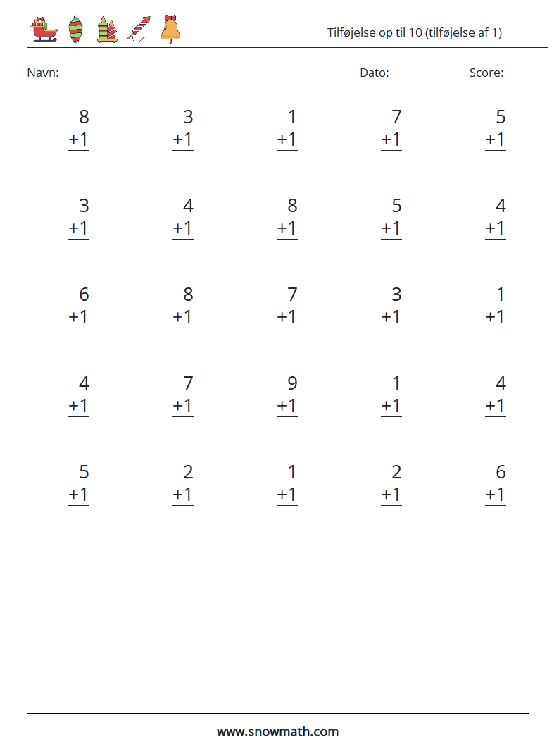 (25) Tilføjelse op til 10 (tilføjelse af 1) Matematiske regneark 2