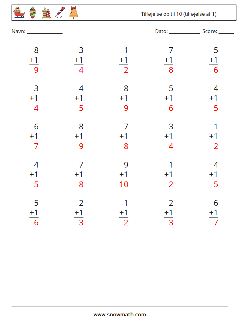 (25) Tilføjelse op til 10 (tilføjelse af 1) Matematiske regneark 2 Spørgsmål, svar