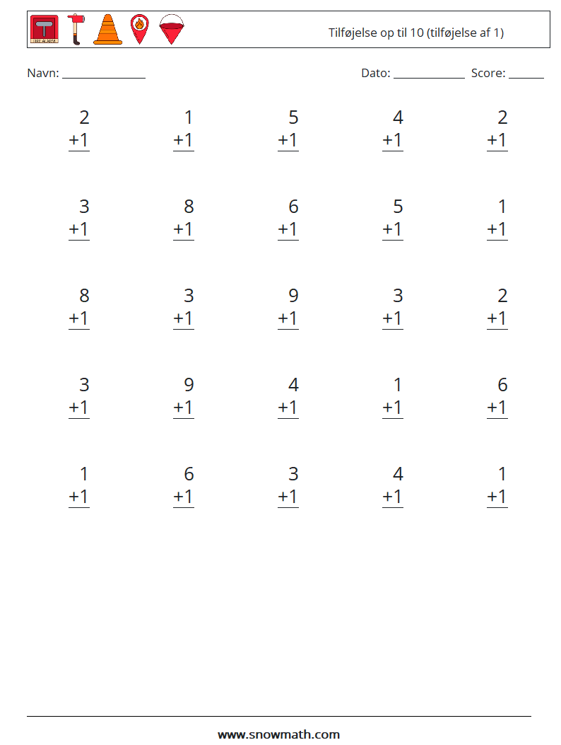 (25) Tilføjelse op til 10 (tilføjelse af 1) Matematiske regneark 3