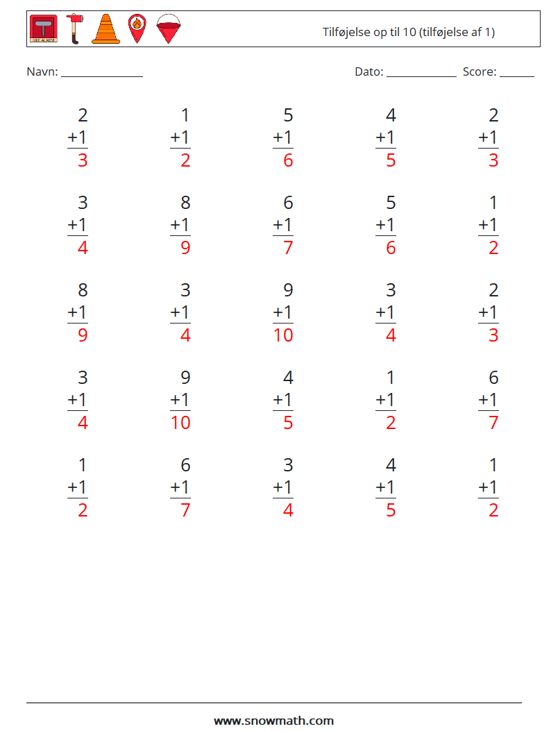 (25) Tilføjelse op til 10 (tilføjelse af 1) Matematiske regneark 3 Spørgsmål, svar