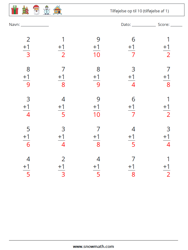 (25) Tilføjelse op til 10 (tilføjelse af 1) Matematiske regneark 4 Spørgsmål, svar