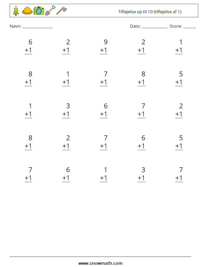 (25) Tilføjelse op til 10 (tilføjelse af 1) Matematiske regneark 5