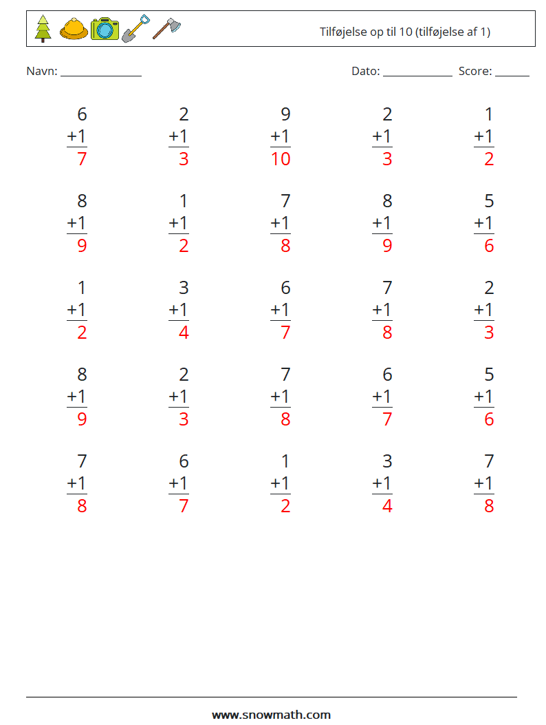 (25) Tilføjelse op til 10 (tilføjelse af 1) Matematiske regneark 5 Spørgsmål, svar