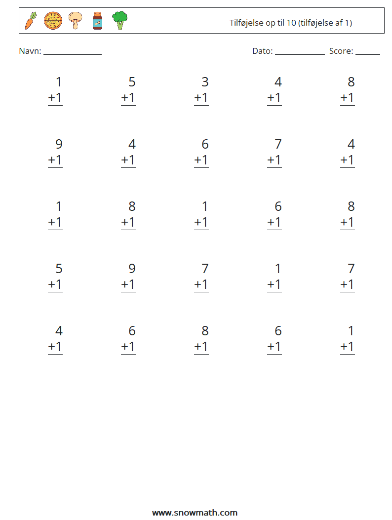 (25) Tilføjelse op til 10 (tilføjelse af 1) Matematiske regneark 6