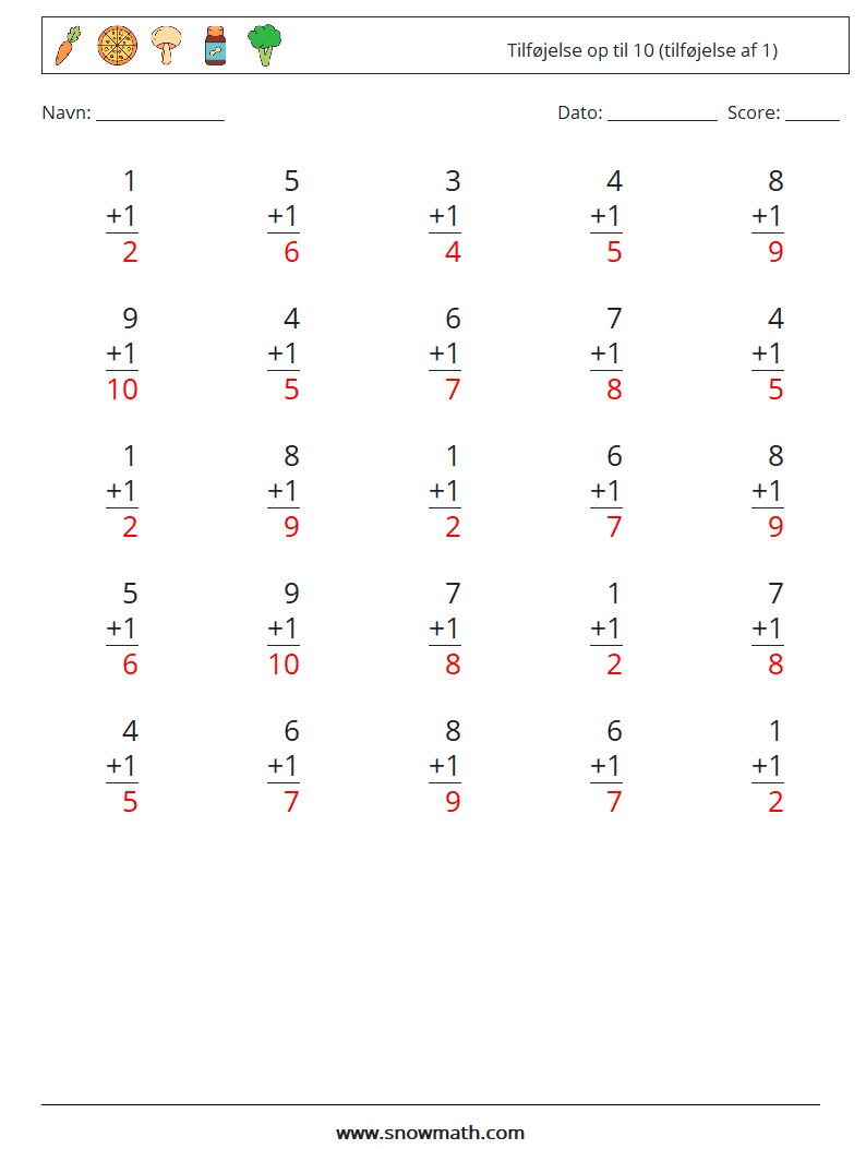 (25) Tilføjelse op til 10 (tilføjelse af 1) Matematiske regneark 6 Spørgsmål, svar