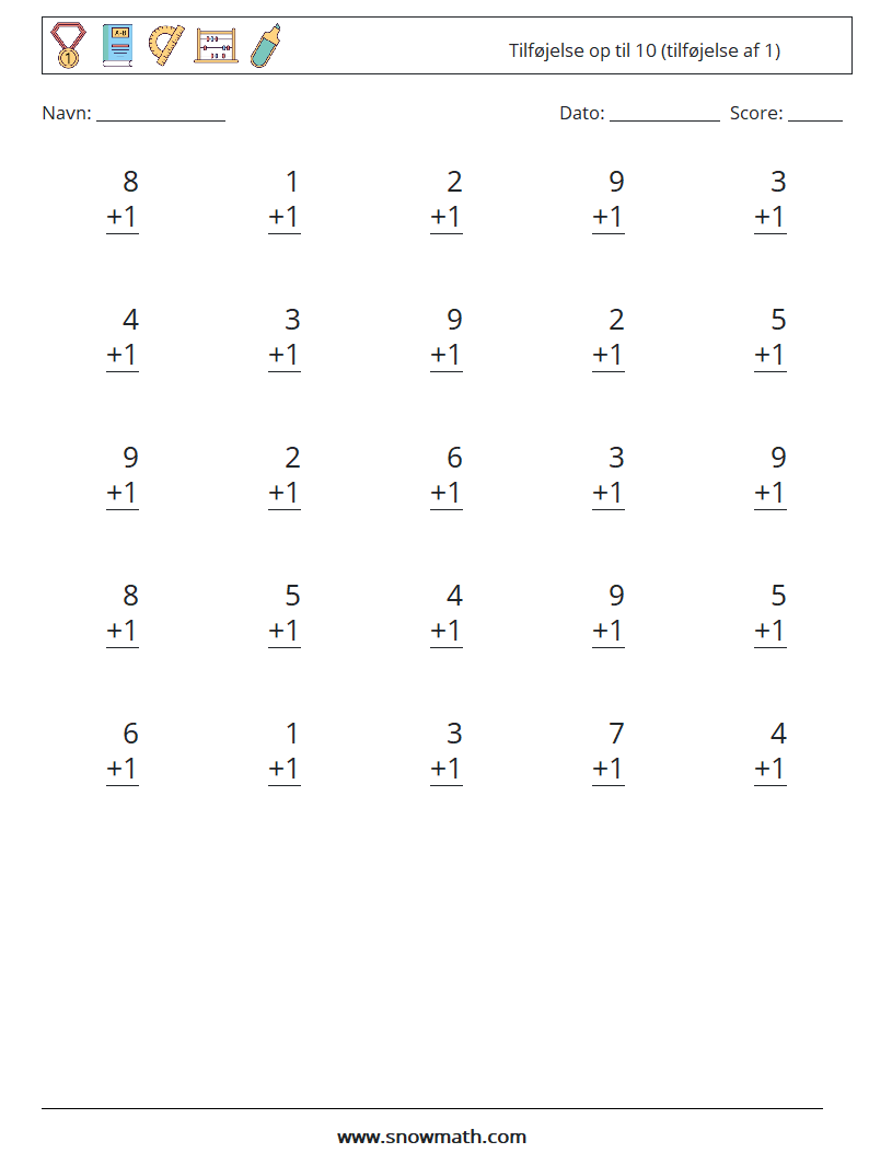 (25) Tilføjelse op til 10 (tilføjelse af 1) Matematiske regneark 7