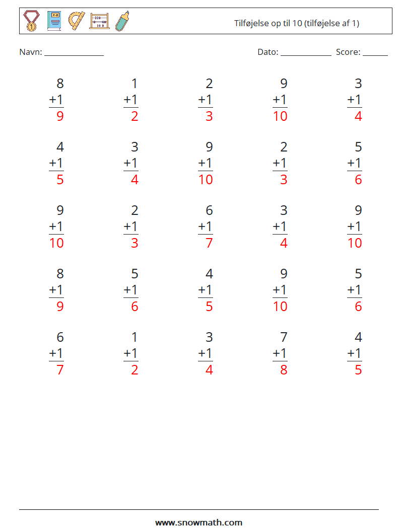 (25) Tilføjelse op til 10 (tilføjelse af 1) Matematiske regneark 7 Spørgsmål, svar