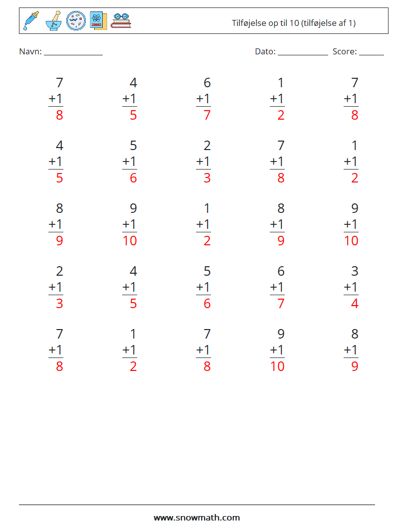 (25) Tilføjelse op til 10 (tilføjelse af 1) Matematiske regneark 8 Spørgsmål, svar