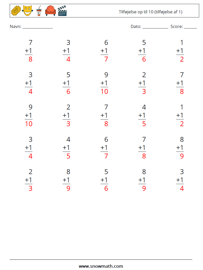 (25) Tilføjelse op til 10 (tilføjelse af 1) Matematiske regneark 9 Spørgsmål, svar