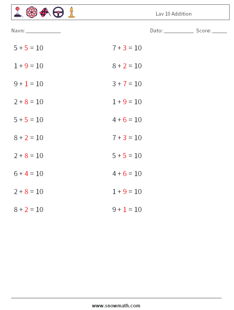 (20) Lav 10 Addition Matematiske regneark 1 Spørgsmål, svar