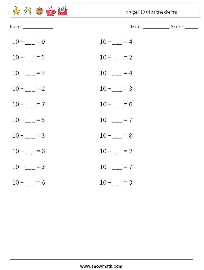 (20) bruger 10 til at trække fra Matematiske regneark 1