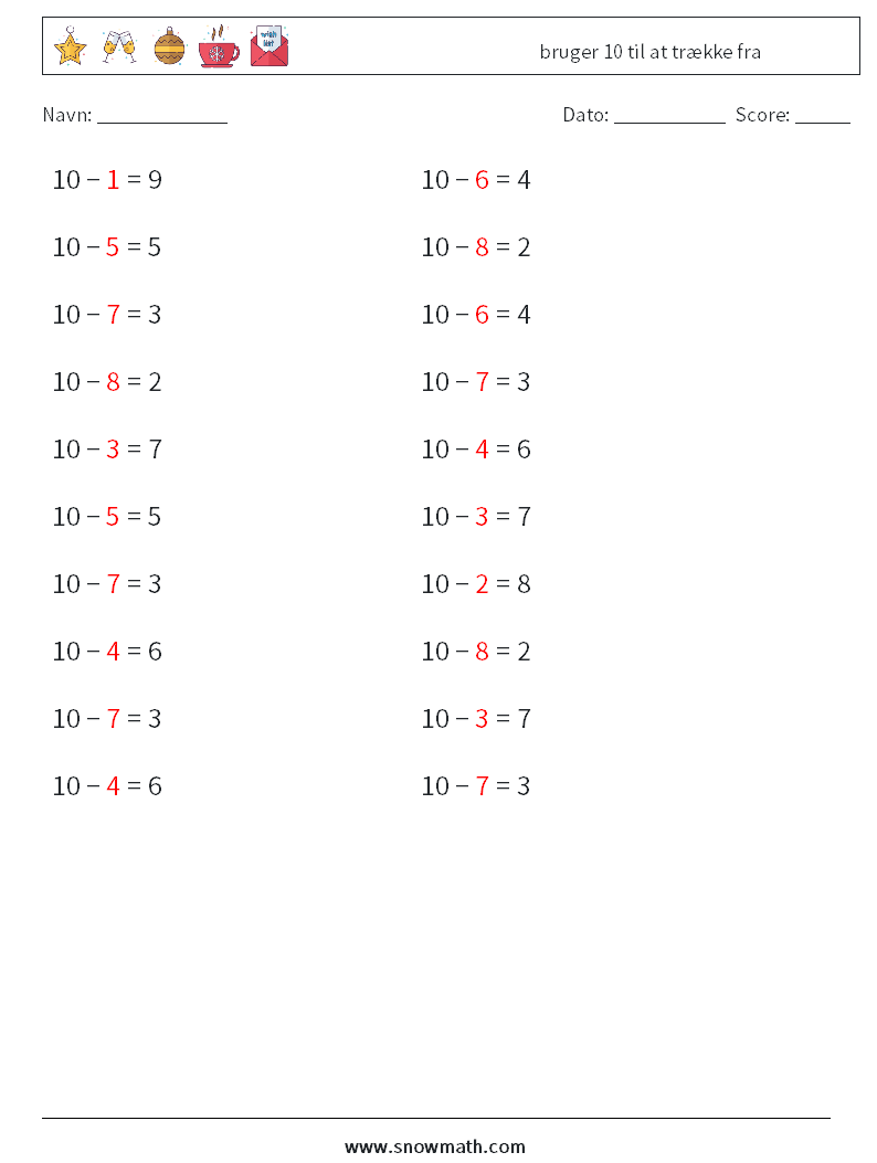 (20) bruger 10 til at trække fra Matematiske regneark 1 Spørgsmål, svar