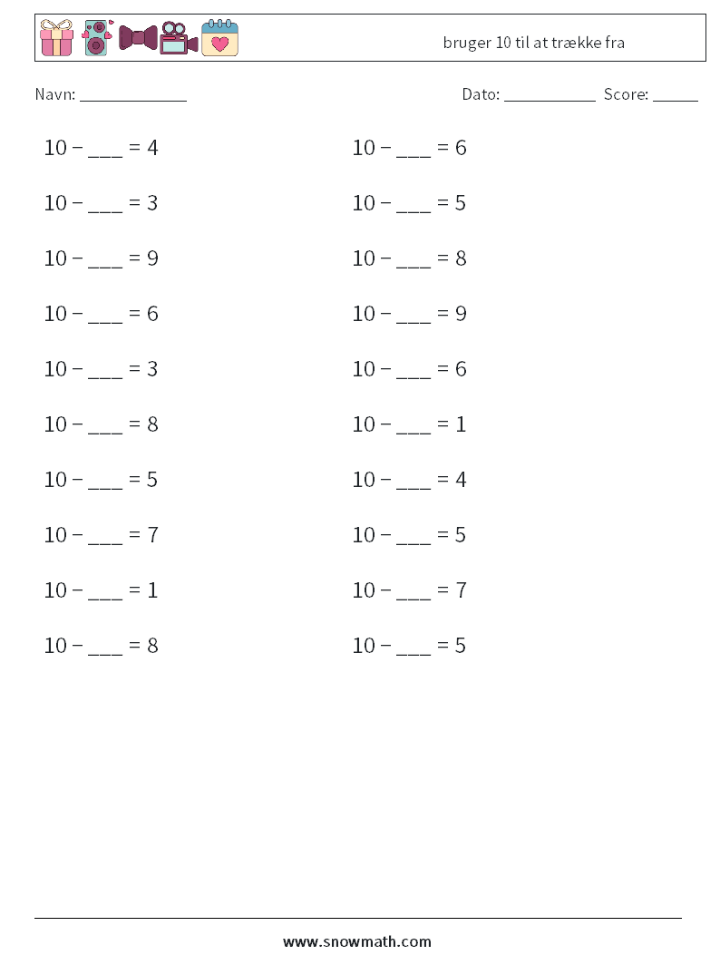 (20) bruger 10 til at trække fra Matematiske regneark 2