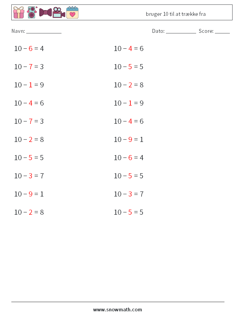 (20) bruger 10 til at trække fra Matematiske regneark 2 Spørgsmål, svar