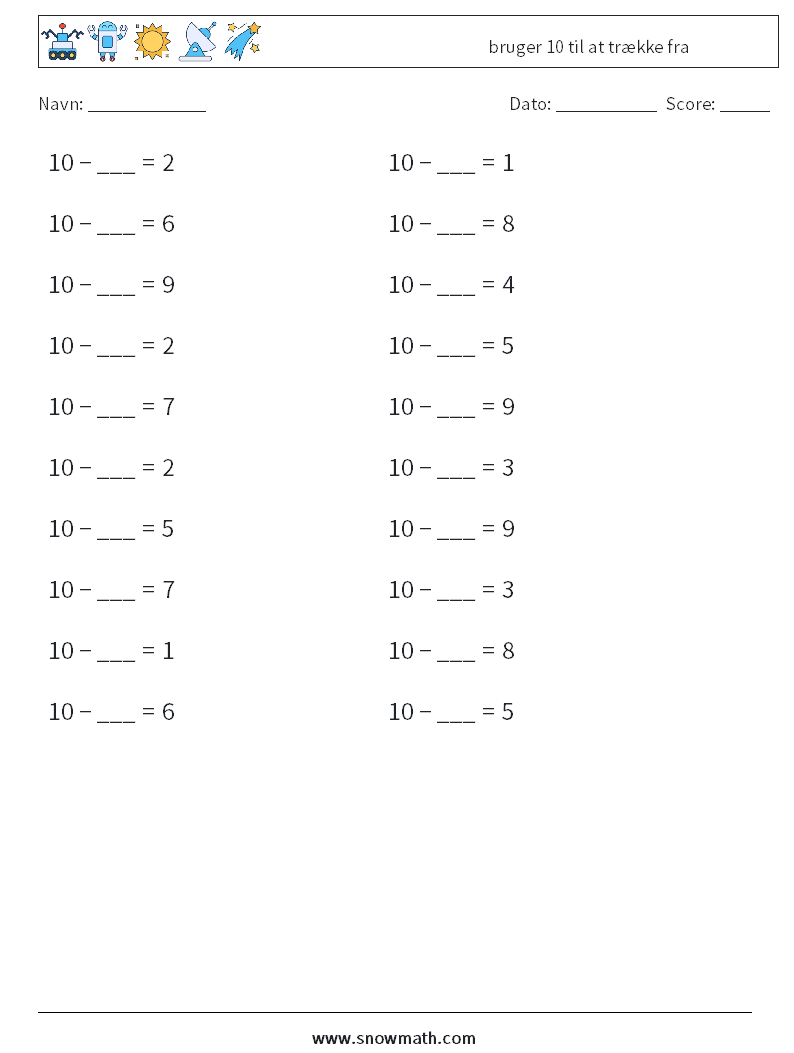 (20) bruger 10 til at trække fra Matematiske regneark 3