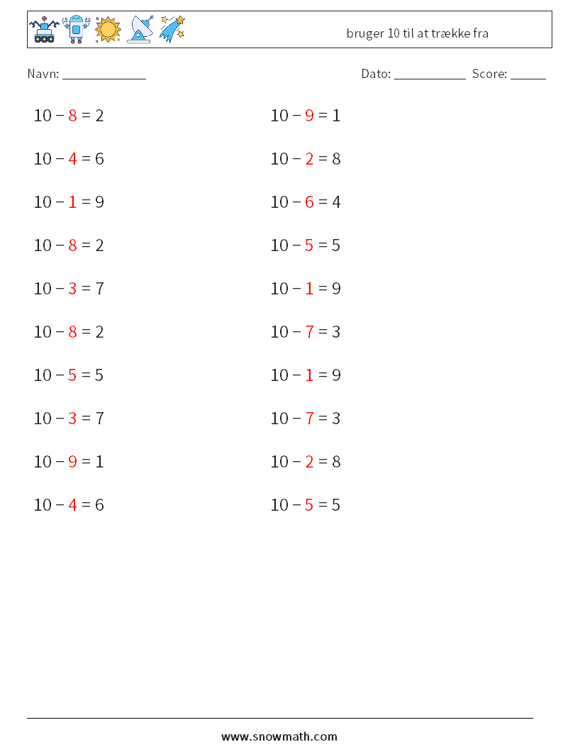 (20) bruger 10 til at trække fra Matematiske regneark 3 Spørgsmål, svar