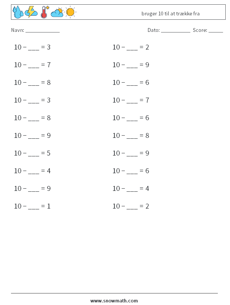 (20) bruger 10 til at trække fra Matematiske regneark 4