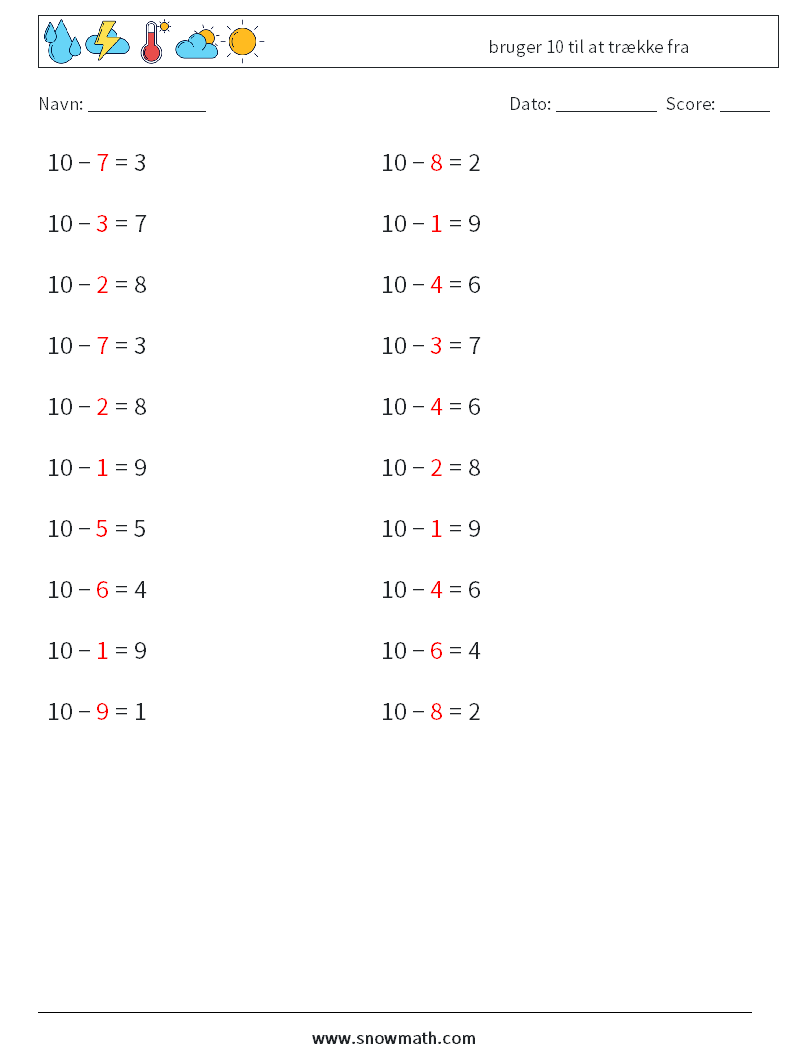 (20) bruger 10 til at trække fra Matematiske regneark 4 Spørgsmål, svar
