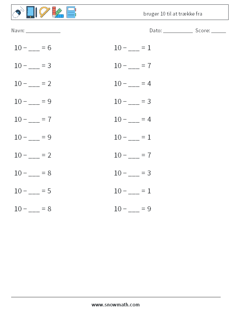 (20) bruger 10 til at trække fra Matematiske regneark 5