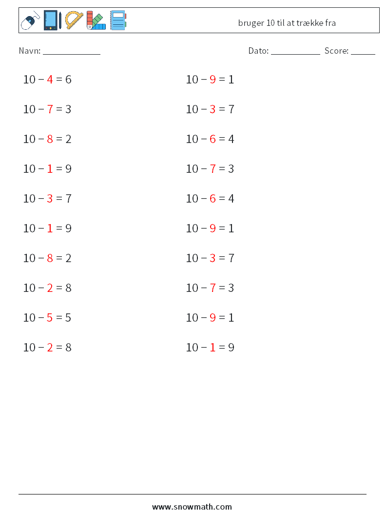 (20) bruger 10 til at trække fra Matematiske regneark 5 Spørgsmål, svar