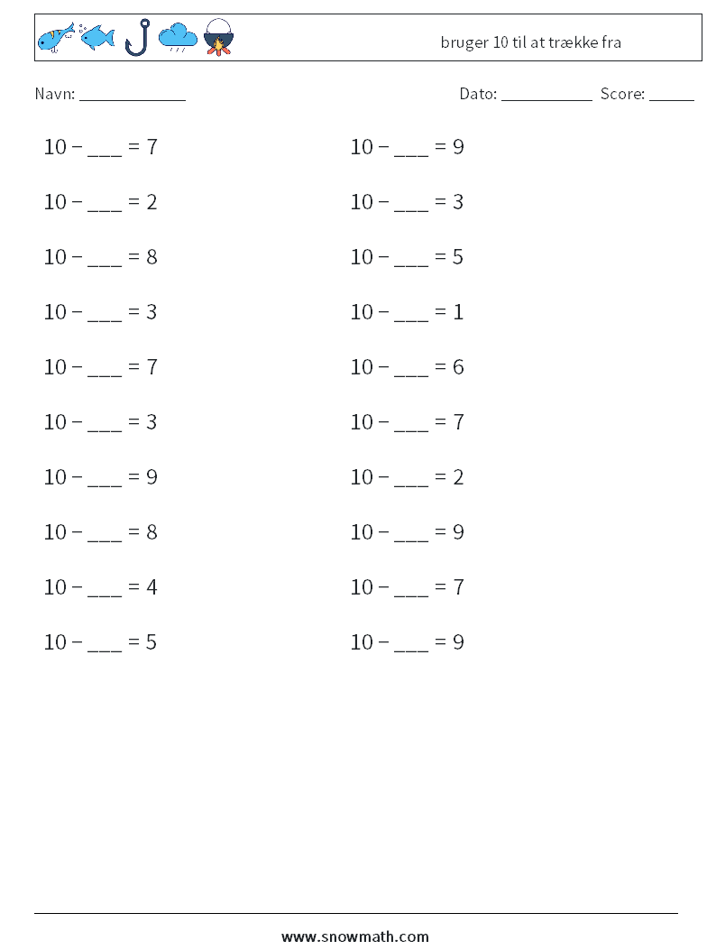 (20) bruger 10 til at trække fra Matematiske regneark 6