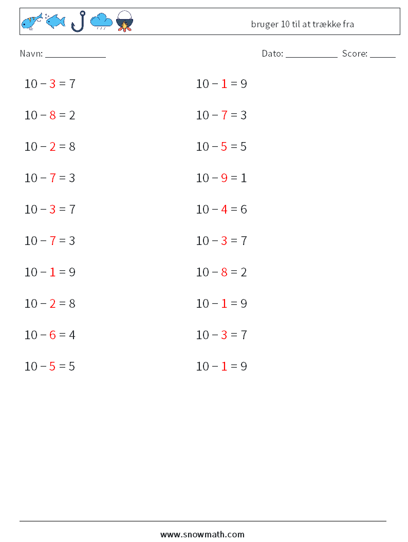 (20) bruger 10 til at trække fra Matematiske regneark 6 Spørgsmål, svar