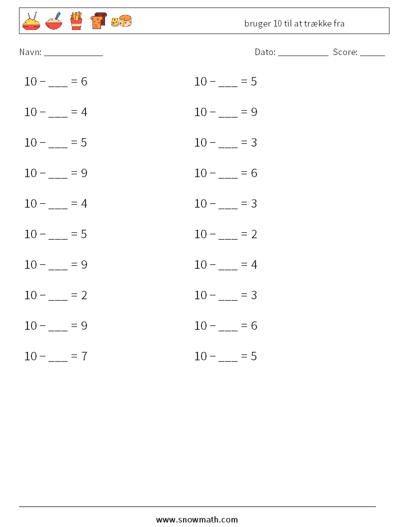 (20) bruger 10 til at trække fra Matematiske regneark 7