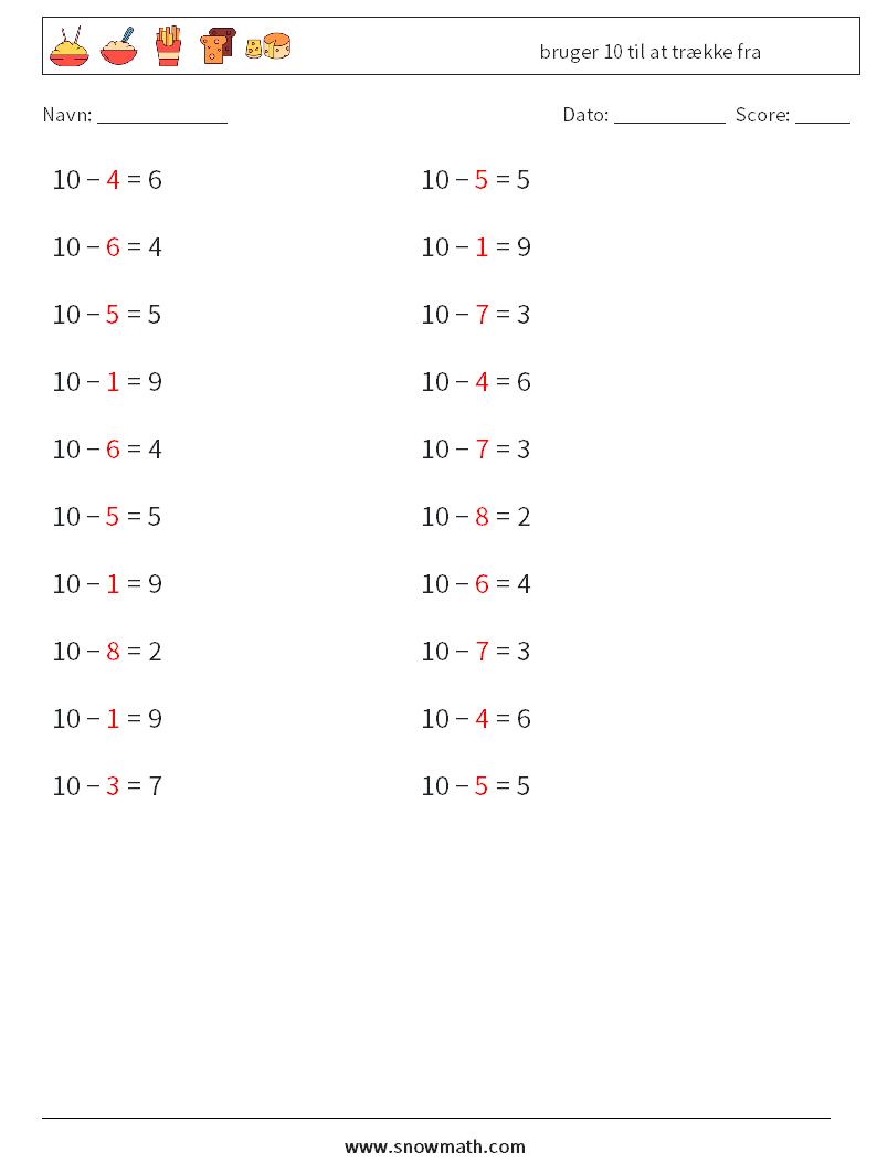 (20) bruger 10 til at trække fra Matematiske regneark 7 Spørgsmål, svar