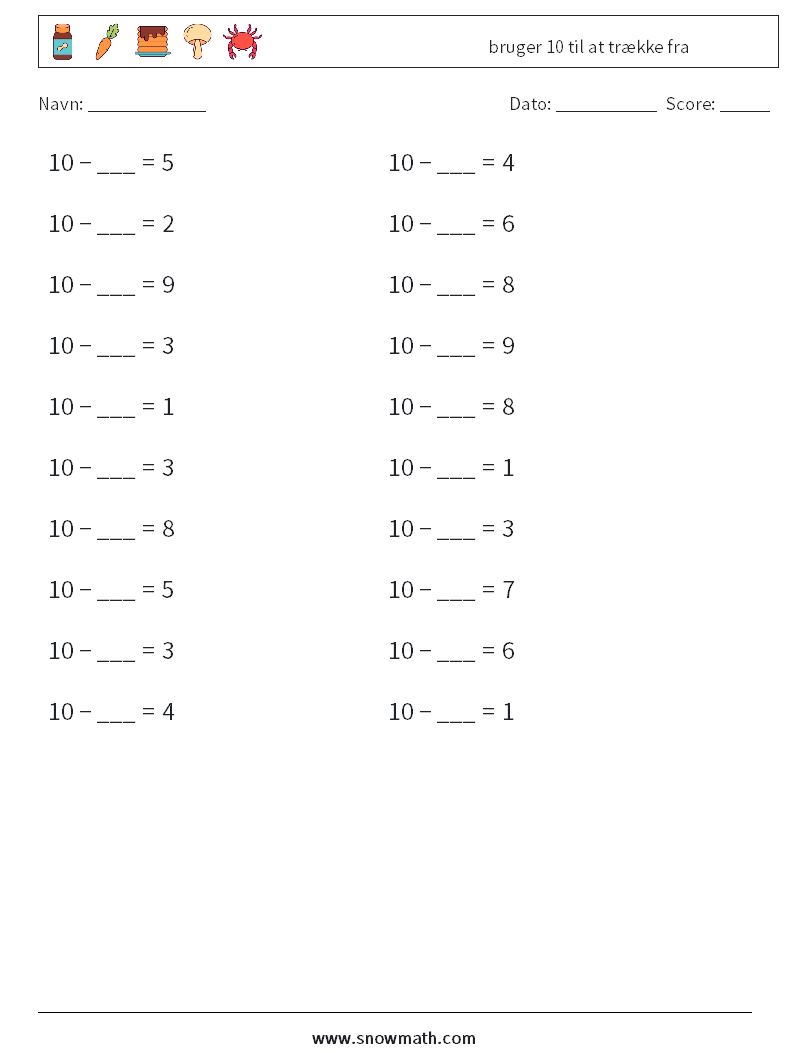 (20) bruger 10 til at trække fra Matematiske regneark 8