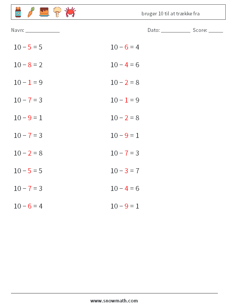(20) bruger 10 til at trække fra Matematiske regneark 8 Spørgsmål, svar