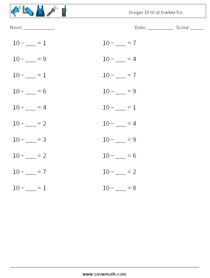 (20) bruger 10 til at trække fra Matematiske regneark 9