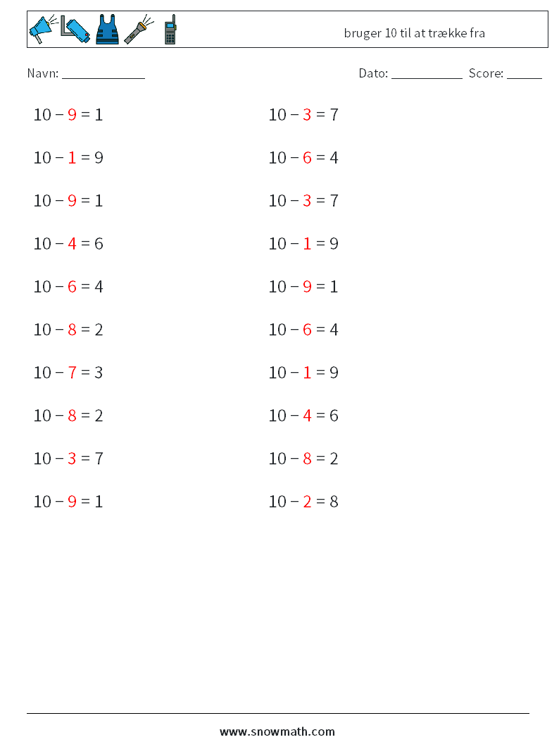 (20) bruger 10 til at trække fra Matematiske regneark 9 Spørgsmål, svar