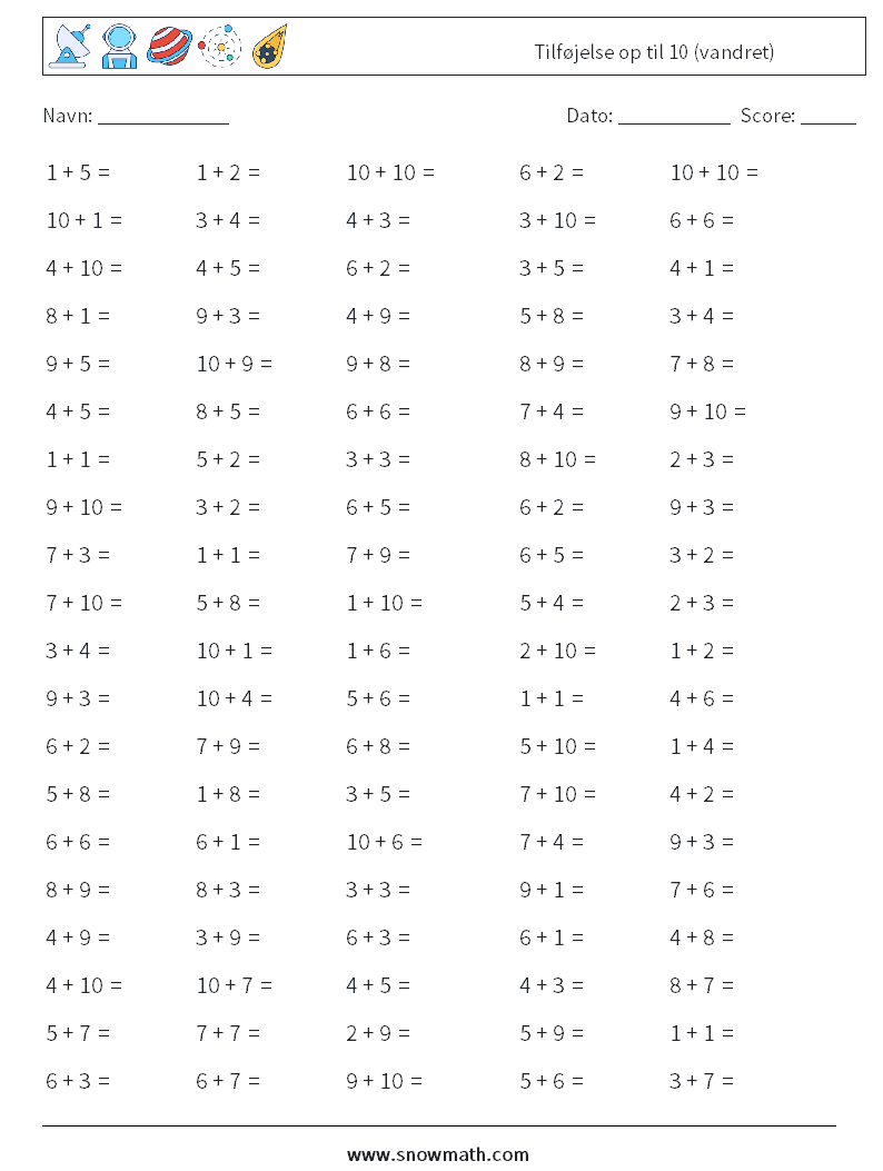 (100) Tilføjelse op til 10 (vandret) Matematiske regneark 1